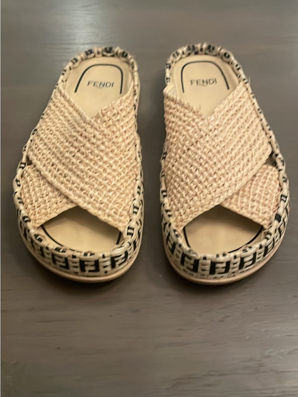 Fendi Beige Raffia Crisscross Logo-Trim Slide Mules